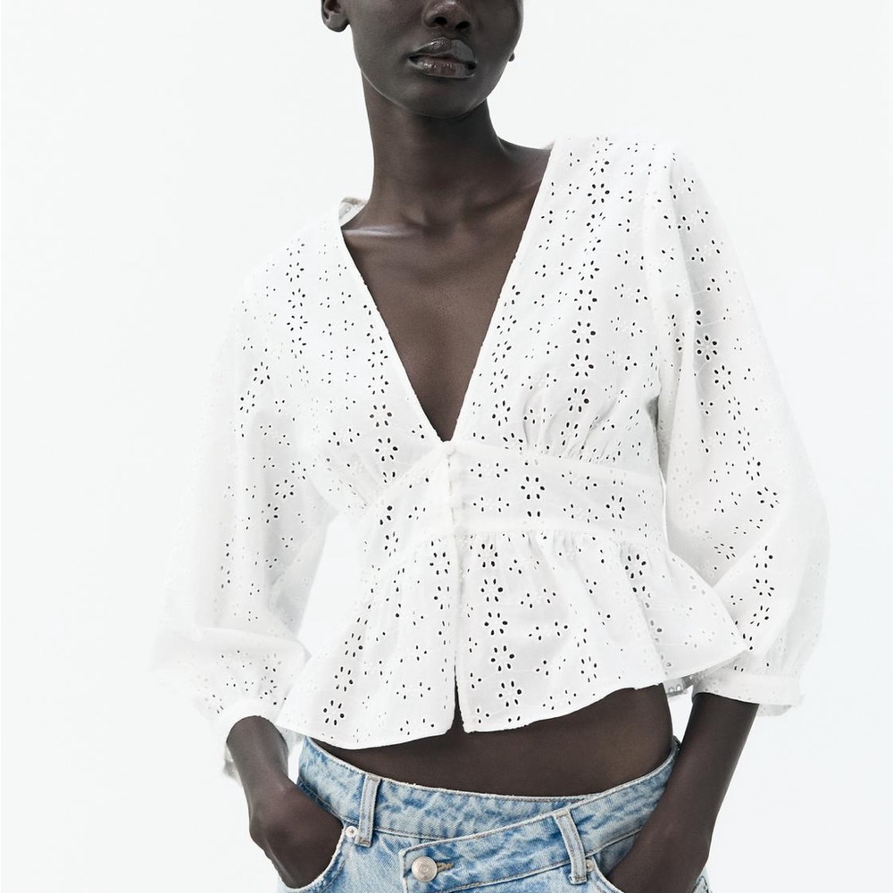 Zara White Eyelet Peplum Blouse